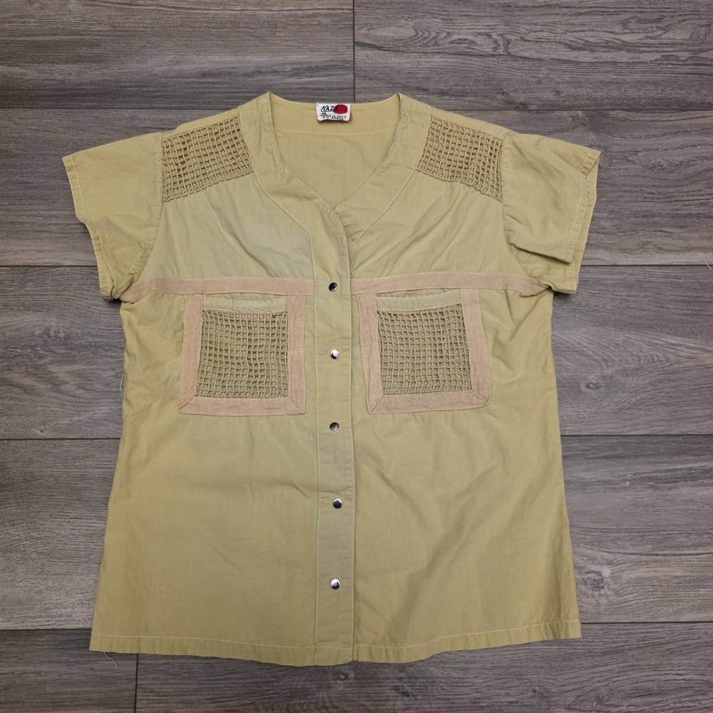 Vintage Kaza Mustard Yellow Mesh Panel Snap-Button Shirt - Size Medium